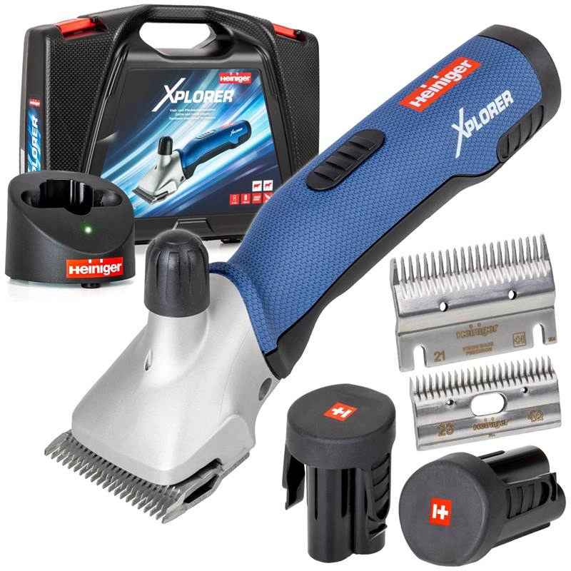 Heiniger Xplorer accu veescheermachine met 2 accu's 21/23t (3mm) koeienmessen Heiniger Xplorer accu veescheermachine met 2 accu's 21/23t (3mm) koeienmessen